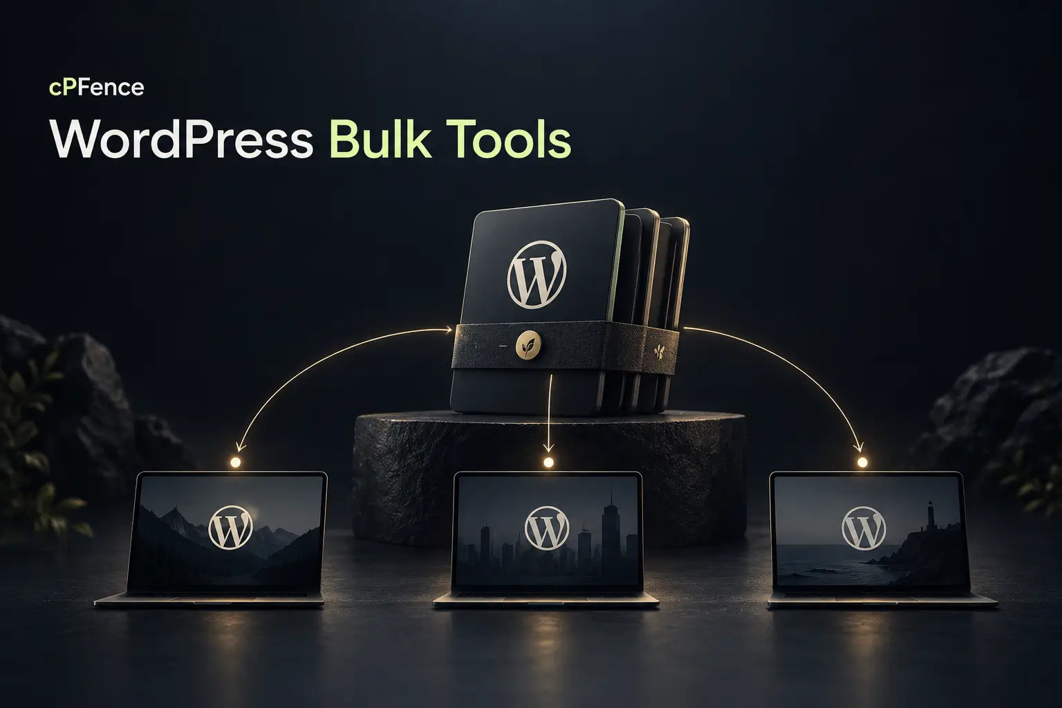 Connected WordPress site layers with plugin tooling and restrained lime highlights.