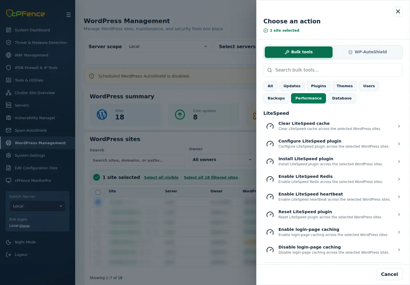 Selected-site LiteSpeed performance tools in WordPress Management