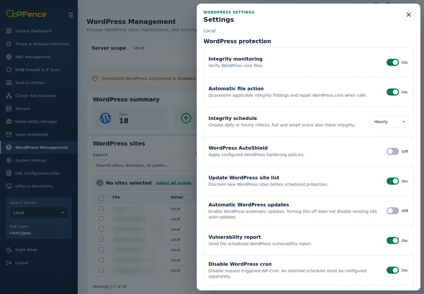 WordPress protection and AutoShield settings in cPFence v4+.