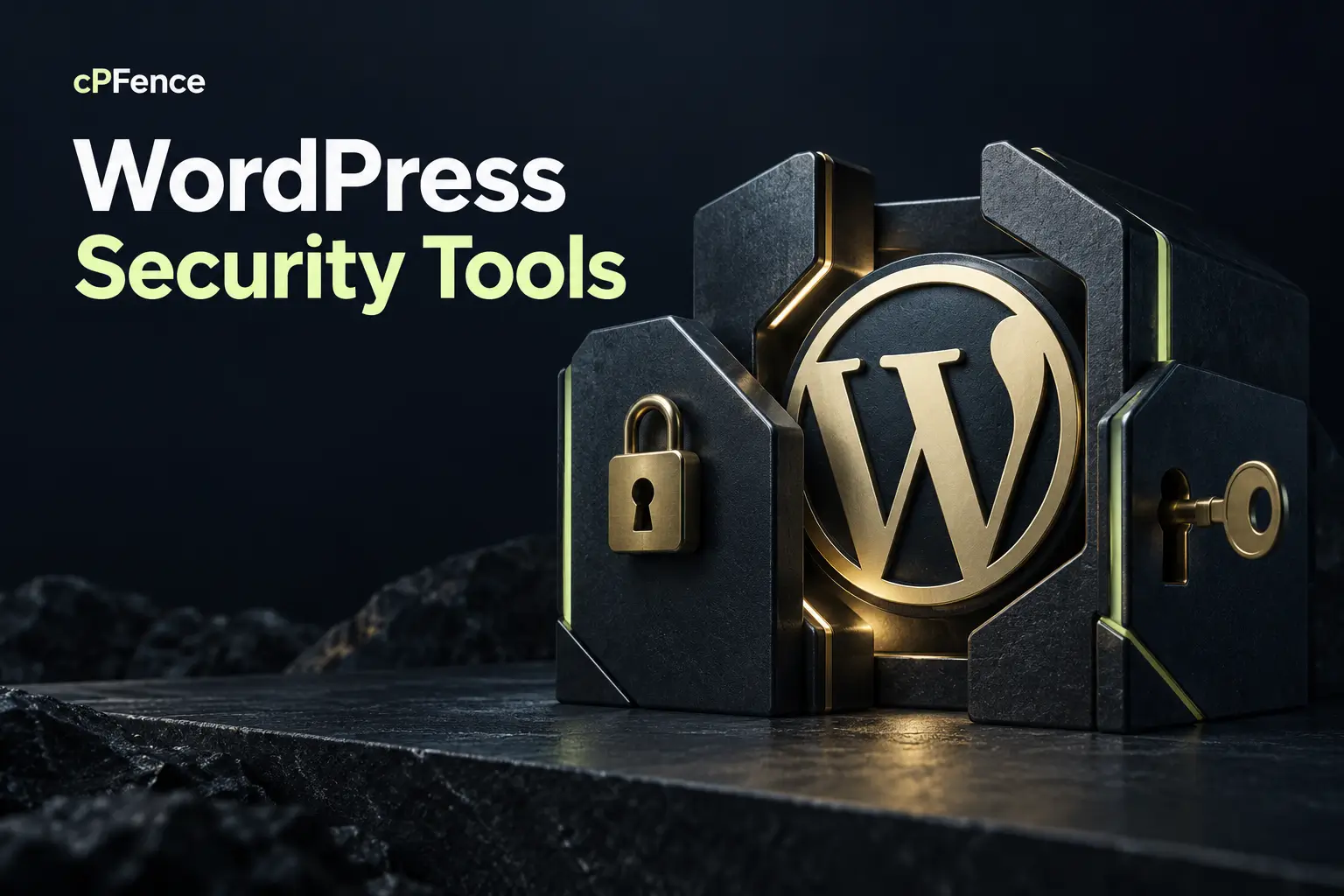 WordPress security toolkit with layered controls, lime highlights and a gold lock.