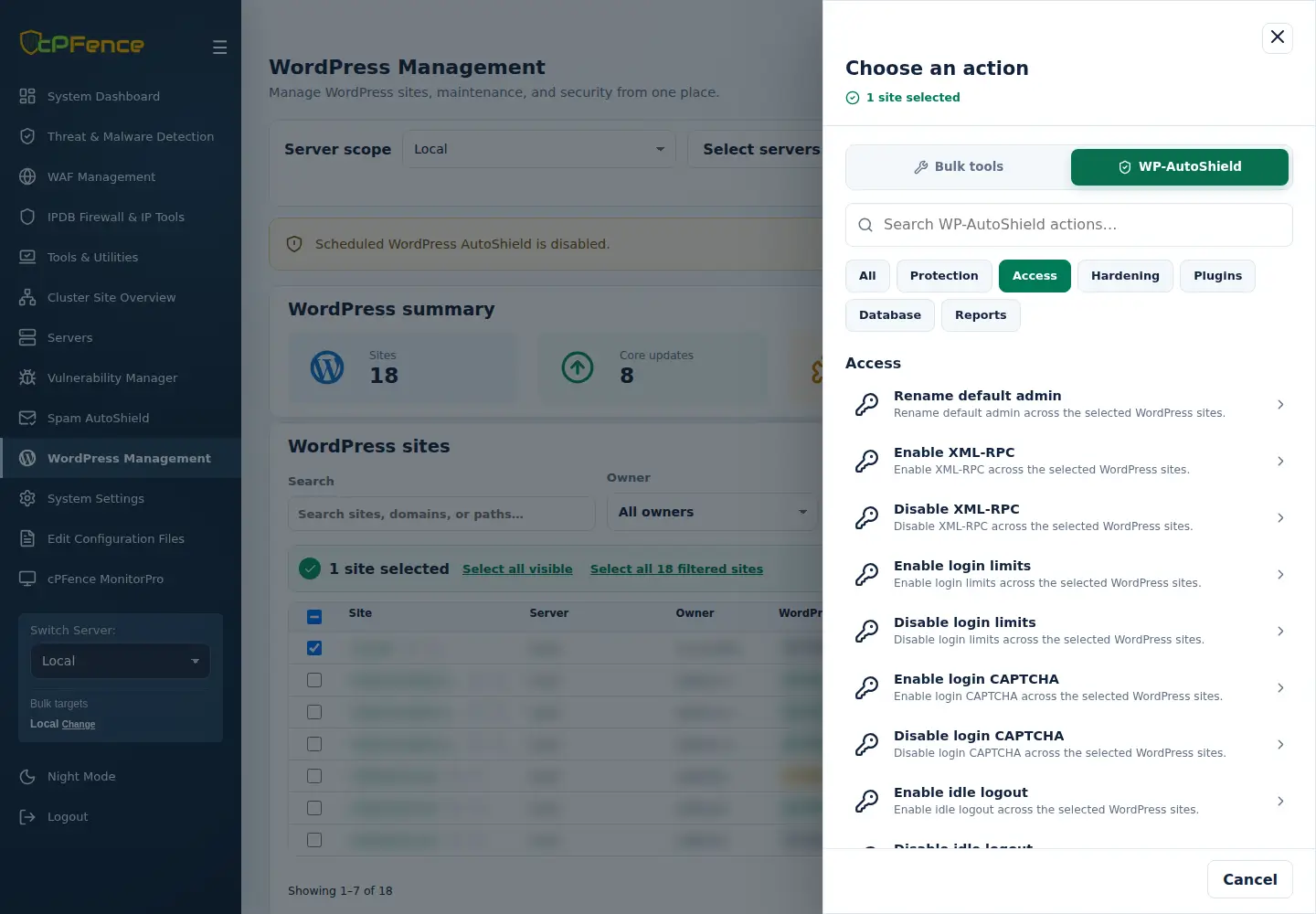 WP-AutoShield Access category with XML-RPC, login limits and CAPTCHA actions.