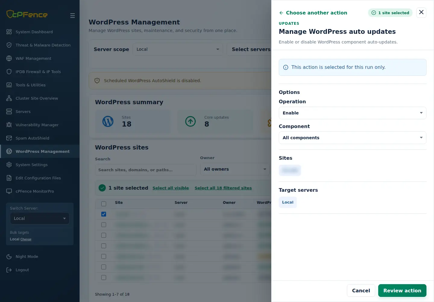 Manage WordPress auto updates form with Operation, Component, Sites and Target servers.