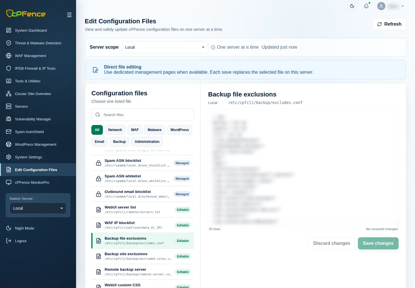 Backup file exclusions editor with the current v4 path and saved contents concealed.