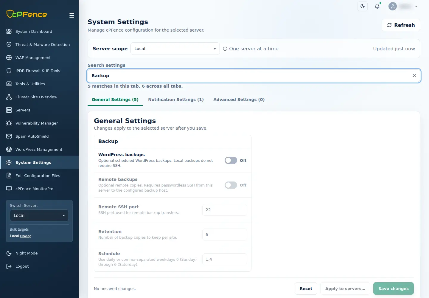 General Settings Backup group with WordPress backups, Remote backups, SSH port, Retention and Schedule.