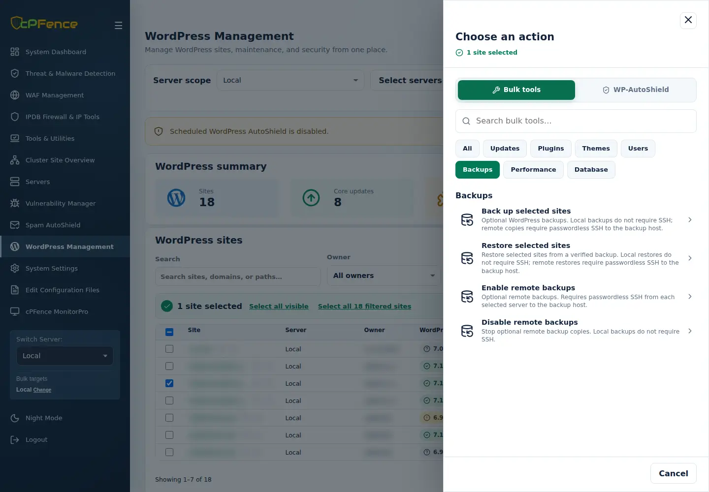 WordPress Backups category with selected-site backup and restore plus server-scope remote controls.
