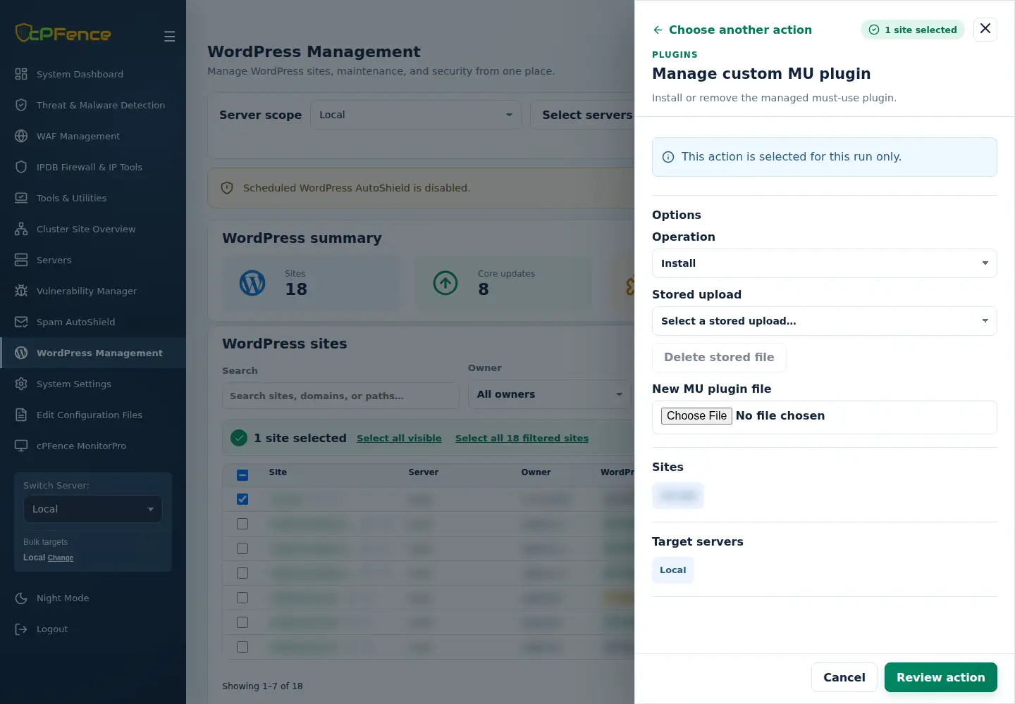 Manage custom MU plugin form with Operation, Stored upload and New MU plugin file.