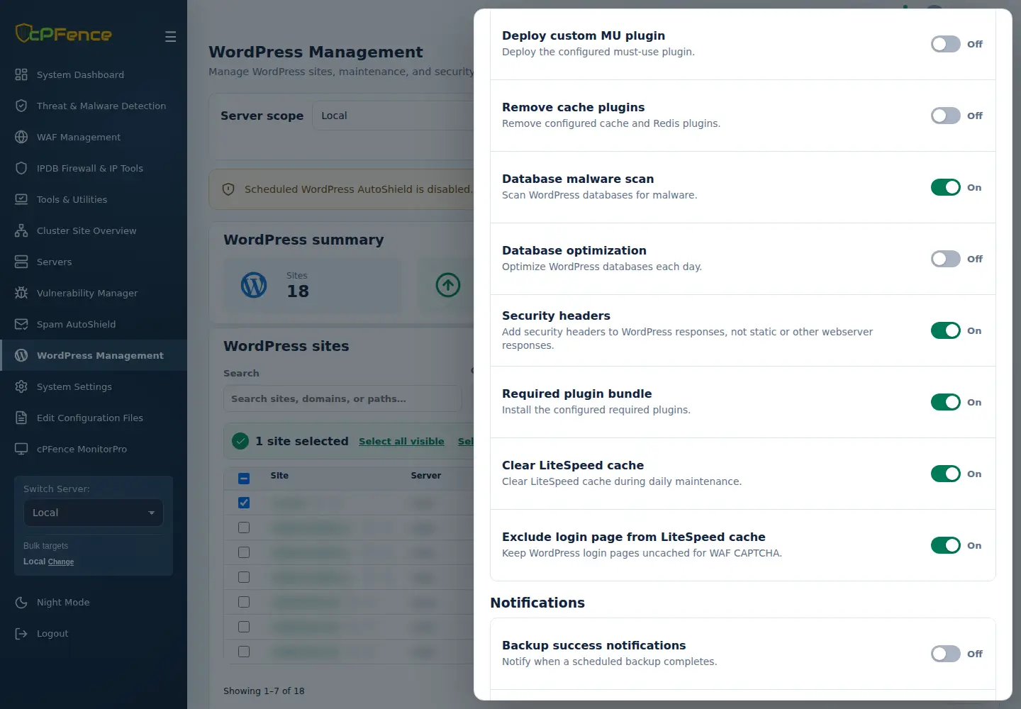 WordPress Settings showing separate Database malware scan and Database optimization switches.