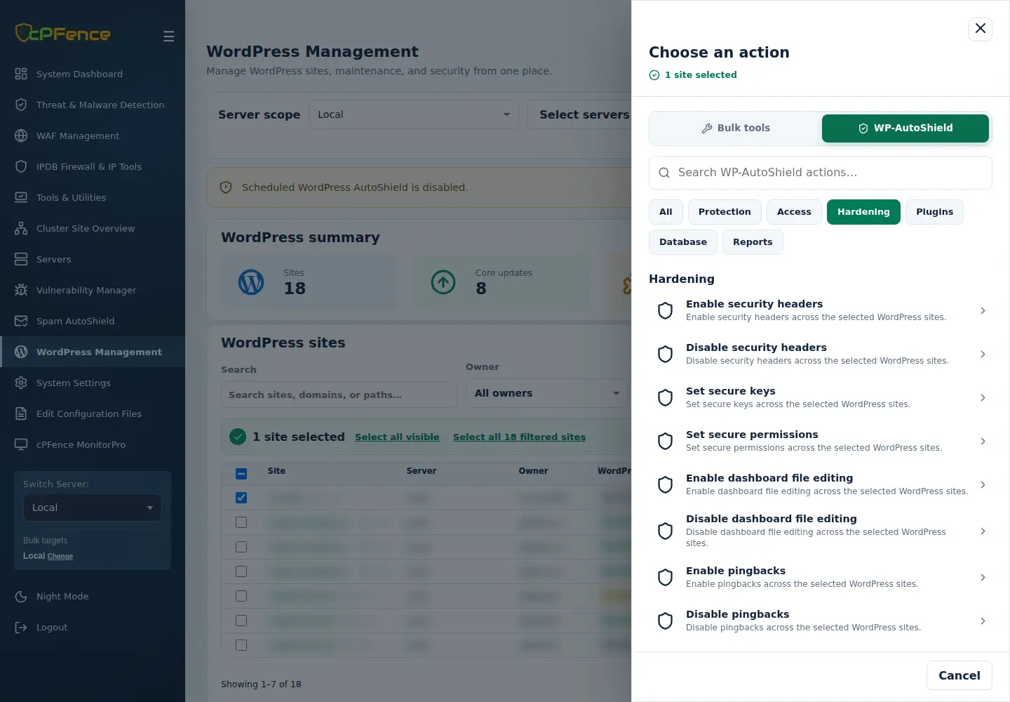 WP-AutoShield Hardening actions including security headers, secure keys and permissions.