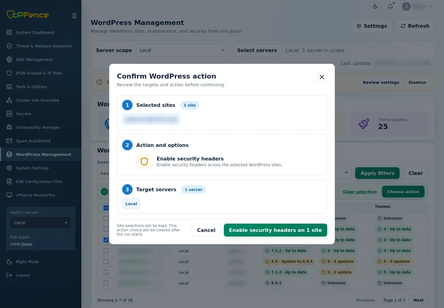 Enable security headers confirmation with selected sites, action and target server.