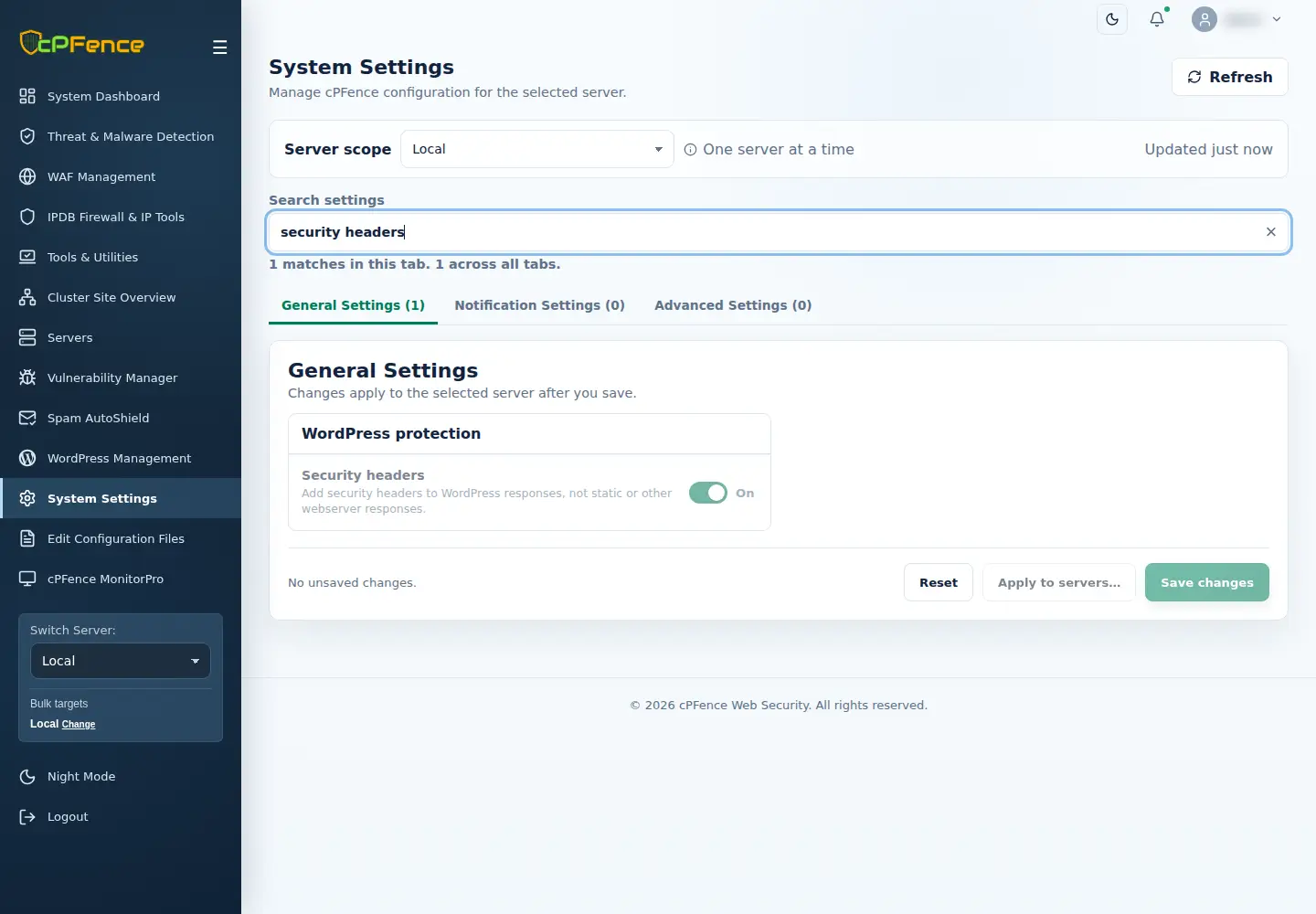 General Settings filtered to Security headers on the selected Local server.