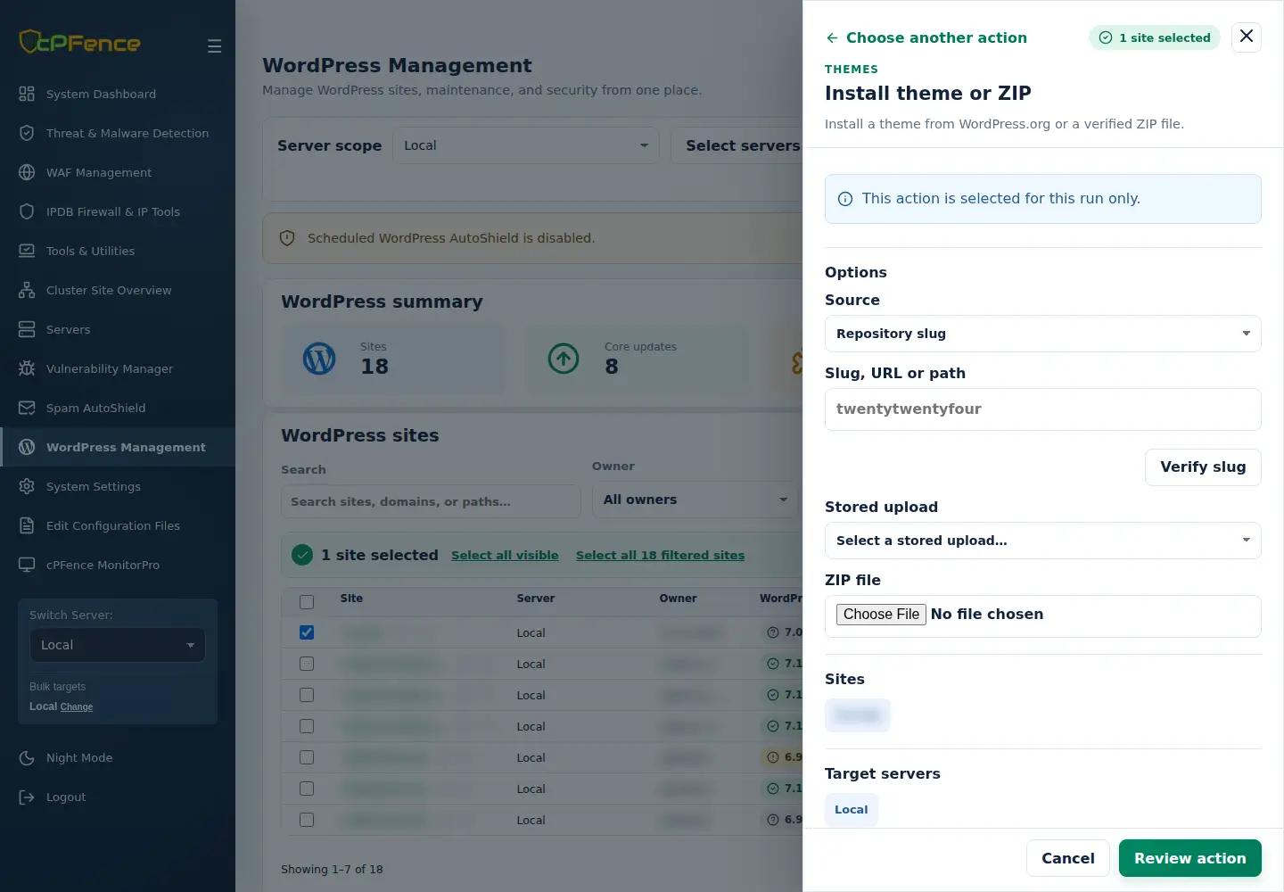 Install theme or ZIP form showing package Source, verification, ZIP upload and selected targets.
