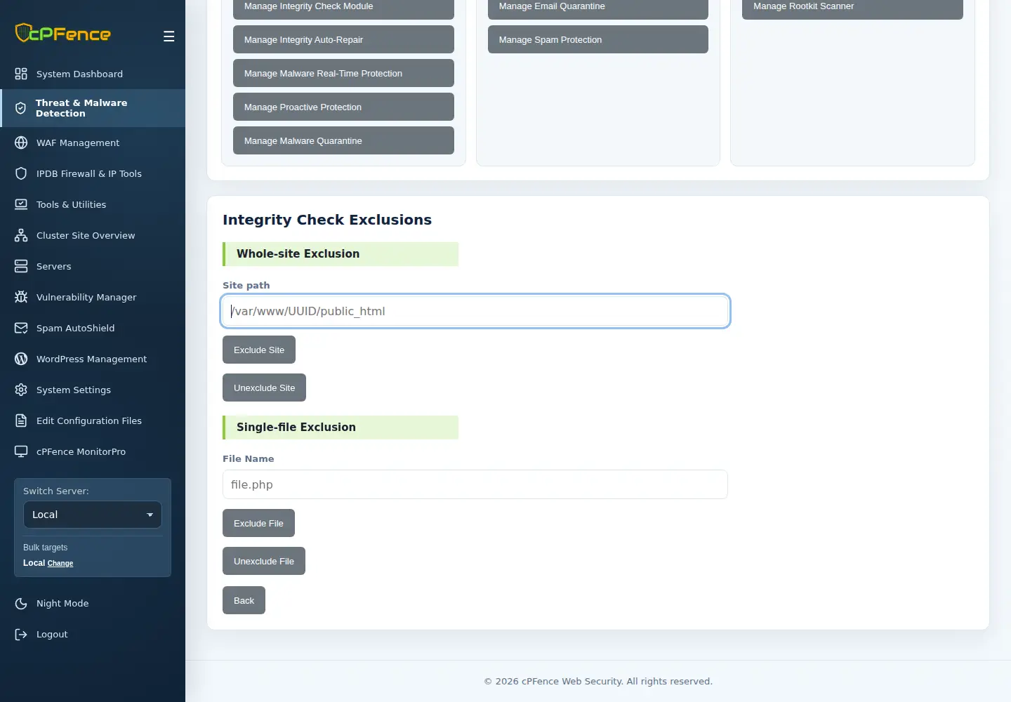Integrity Check Exclusions showing separate blank Site path and File Name controls.