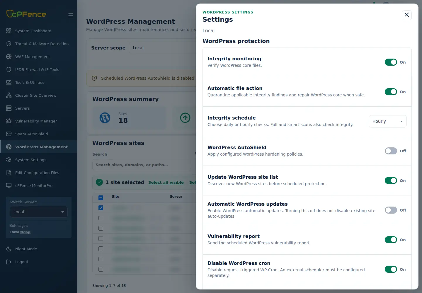 Current WordPress settings with AutoShield master and child policies