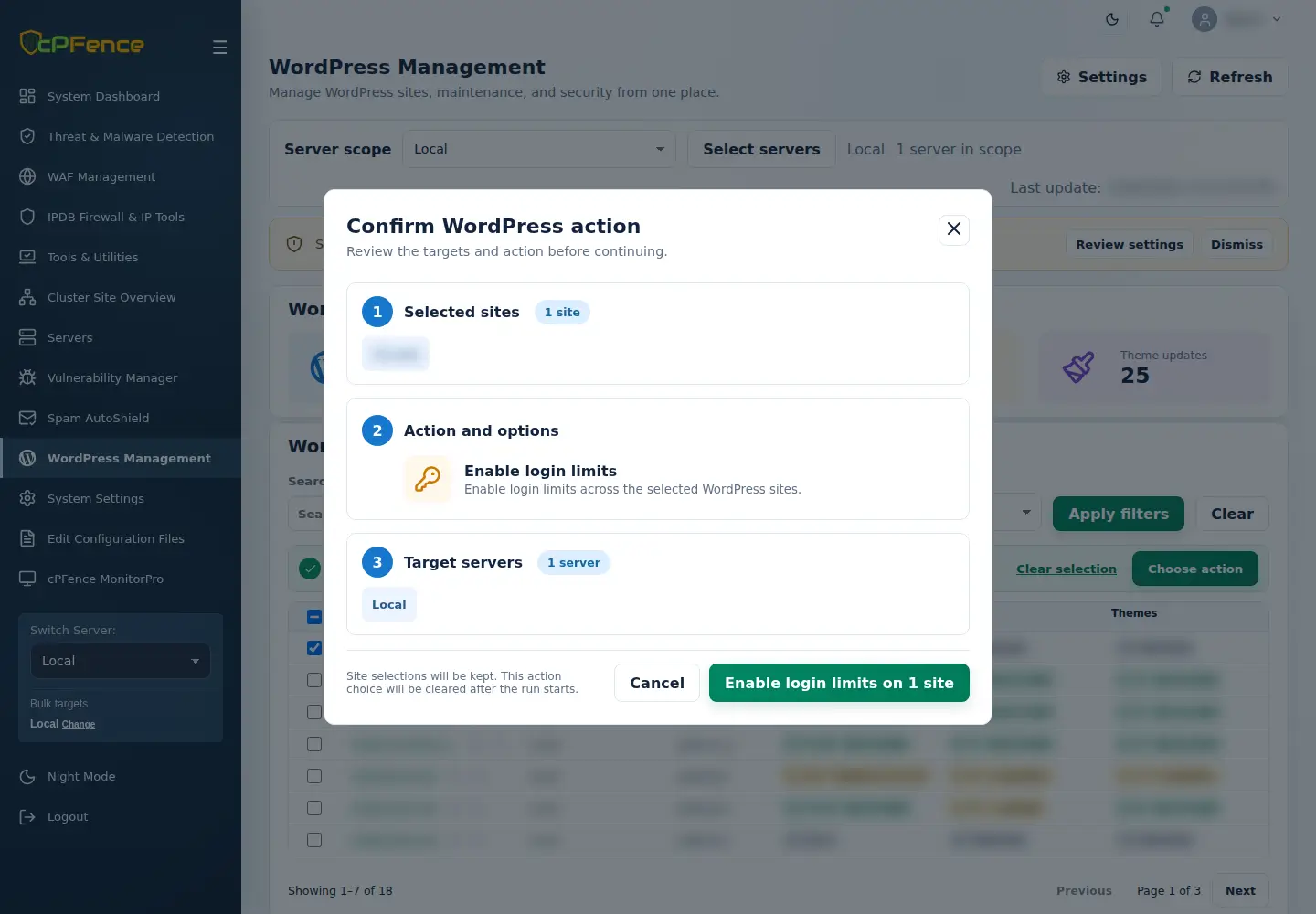 Enable login limits confirmation with selected sites, action and target server.