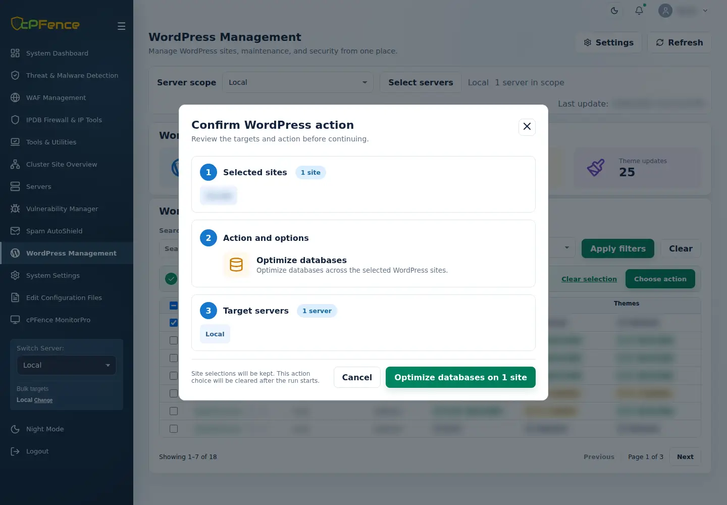Optimize databases confirmation with selected-site count and target server.