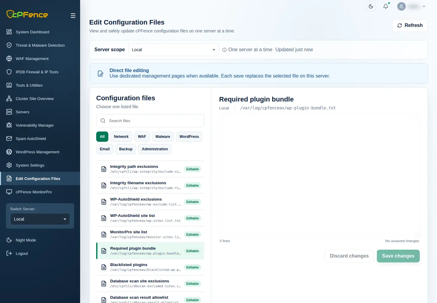 Required plugin bundle editor showing the managed list path and Save changes.