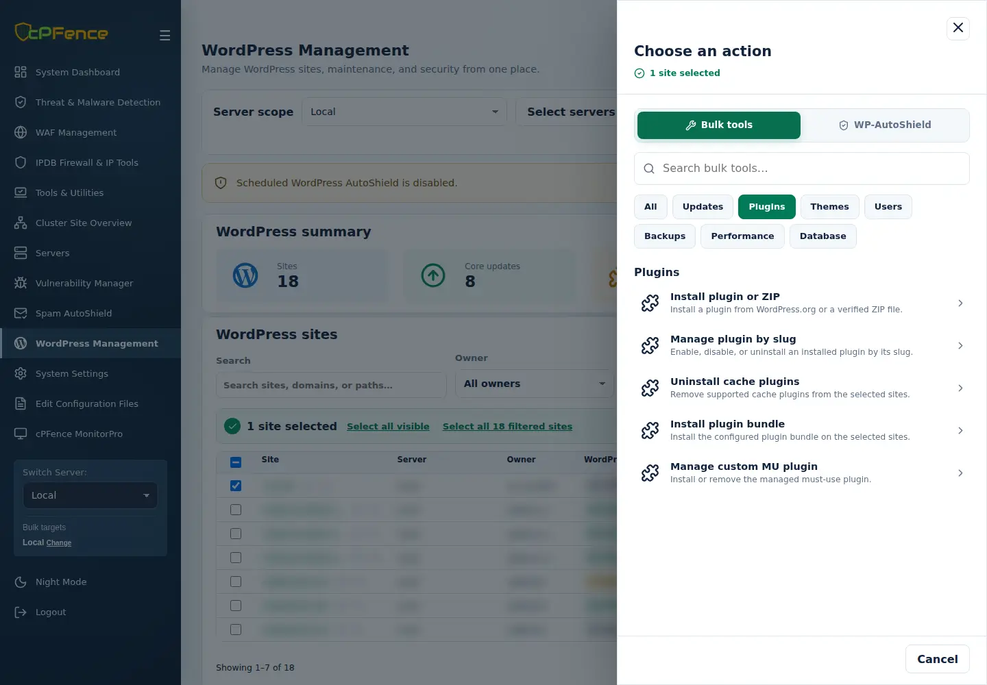 WordPress Bulk tools Plugins group with installation and slug management actions