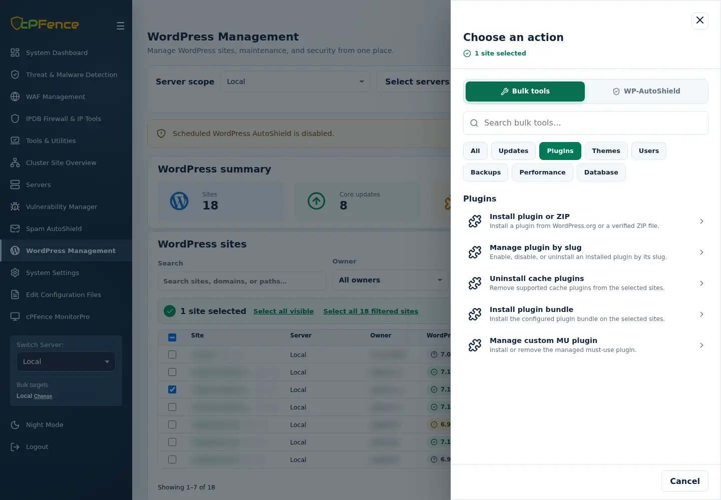 WordPress Bulk tools Plugins category with installation, slug management, plugin bundle and MU plugin actions.