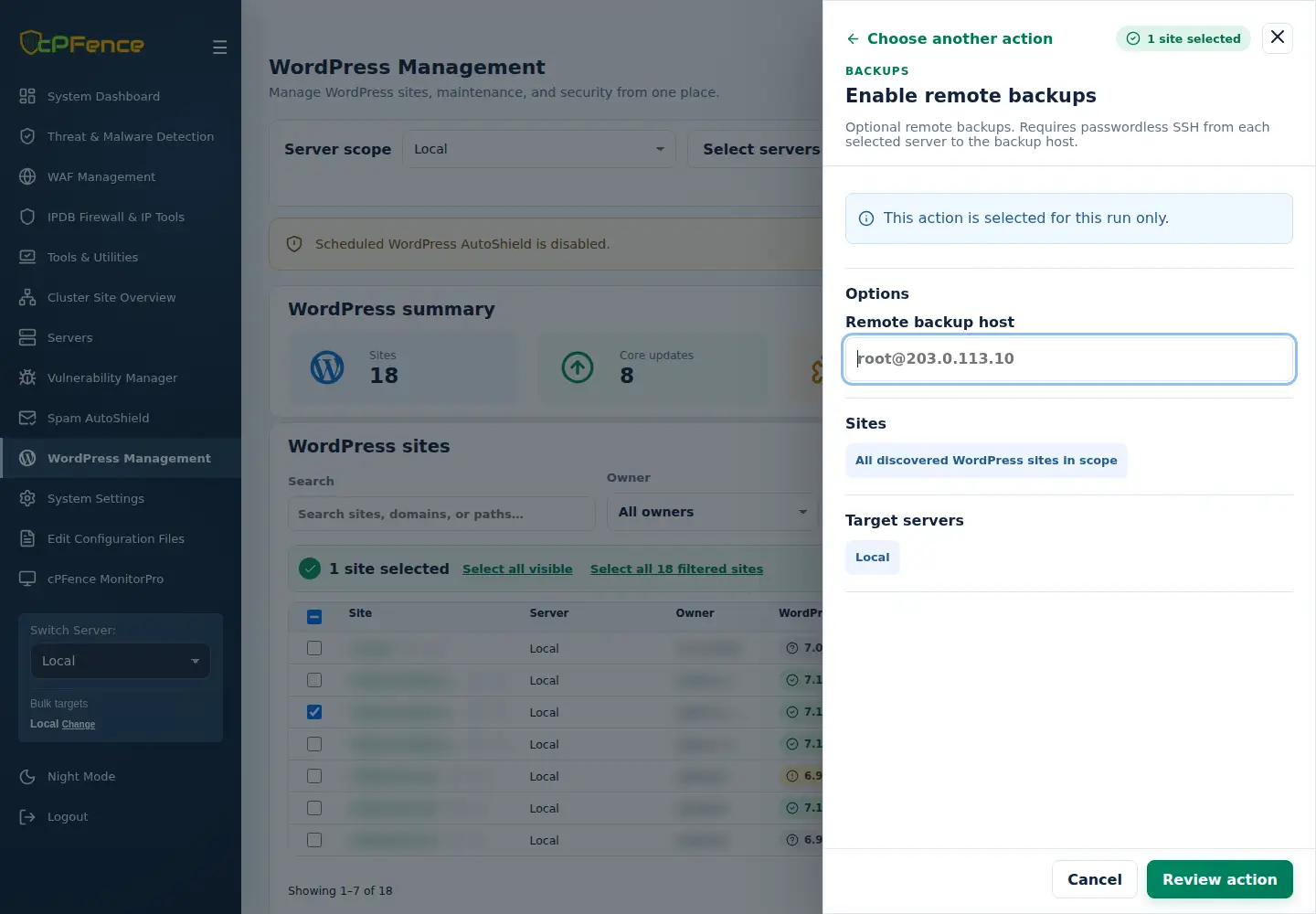 Enable remote backups form showing Remote backup host and all discovered WordPress sites in server scope.