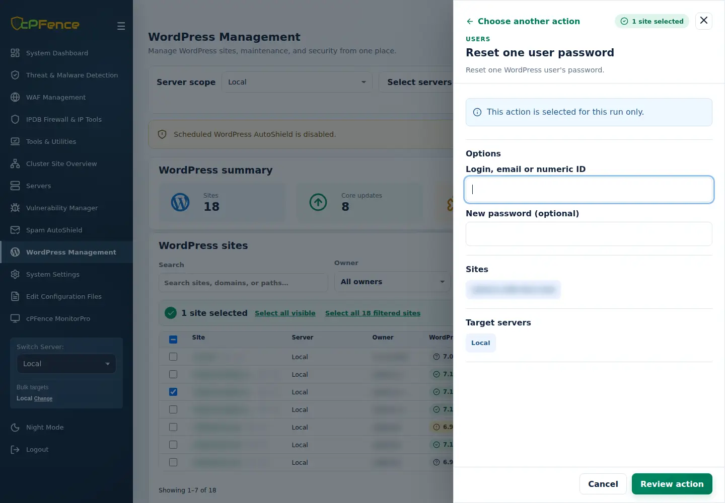 Reset one user password form with login email or numeric ID, optional replacement password and target scope.