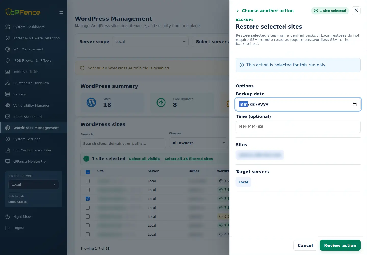 Restore selected sites form with Backup date, optional Time, selected Sites and Target servers.