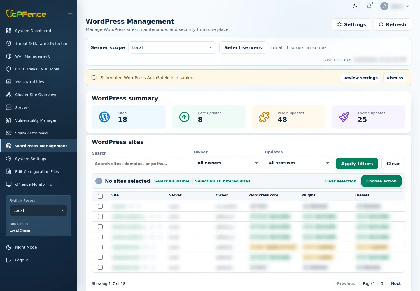 WordPress Management showing server scope, site filters and explicit site selection.