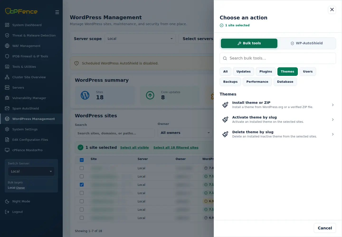 WordPress Bulk tools Themes category showing installation, activation and inactive-theme deletion.
