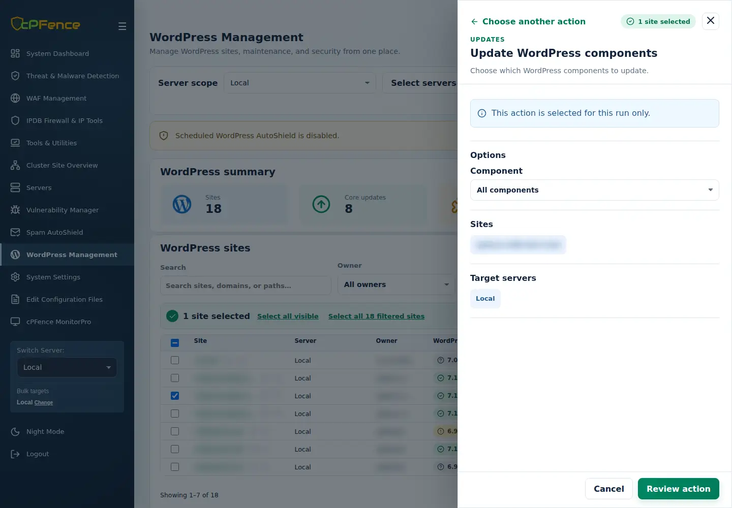 Update WordPress components form with Component, Sites, Target servers and Review action.