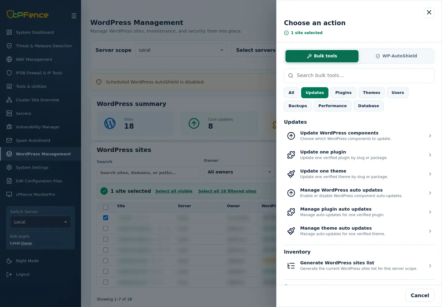 WordPress Updates group with component updates, auto-update policies and inventory