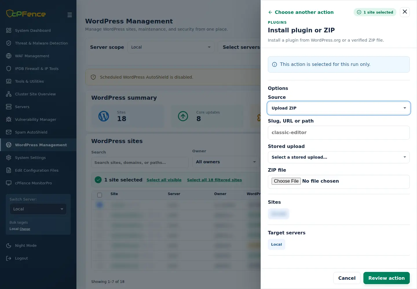 Install plugin or ZIP with Upload ZIP selected and selected-site scope