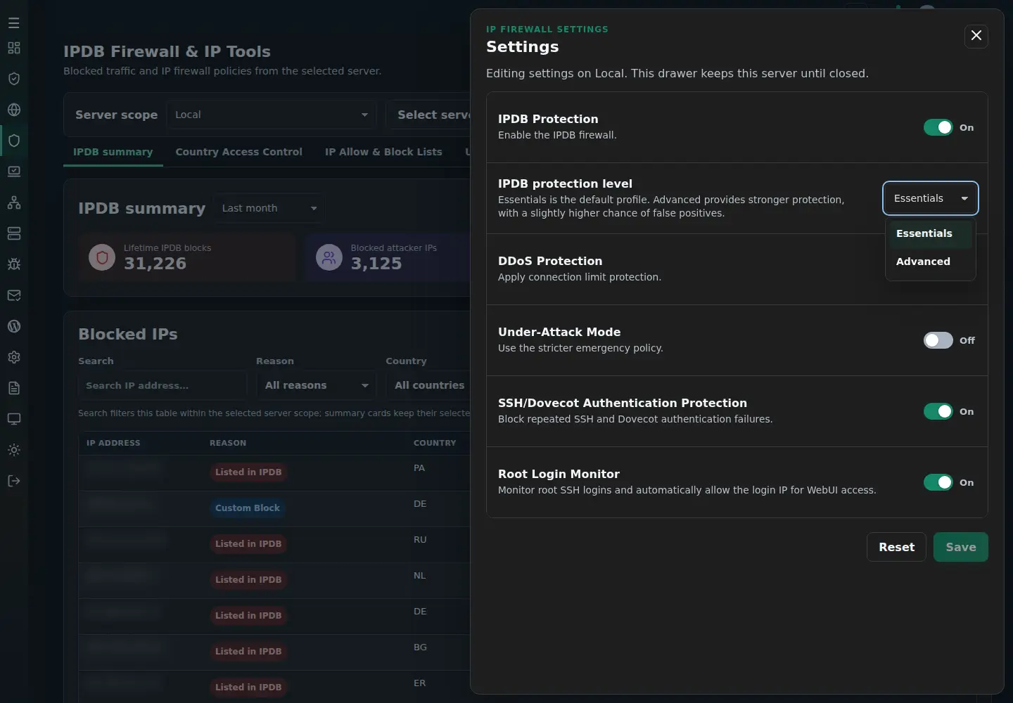 IPDB settings with the Essentials and Advanced protection profiles visible; Essentials is selected.