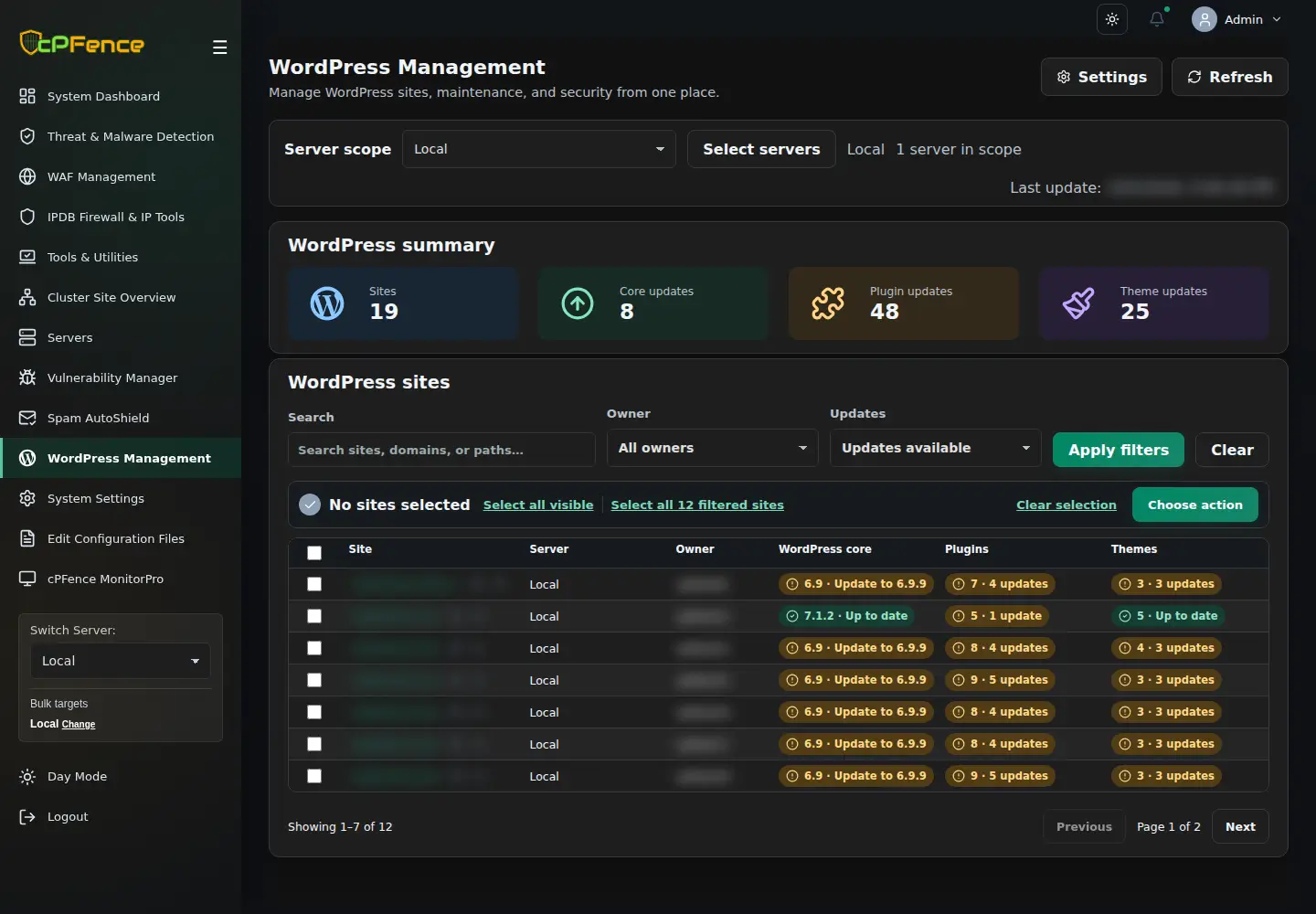 WordPress Management filtered to sites with updates available, with site selection and Choose action controls.