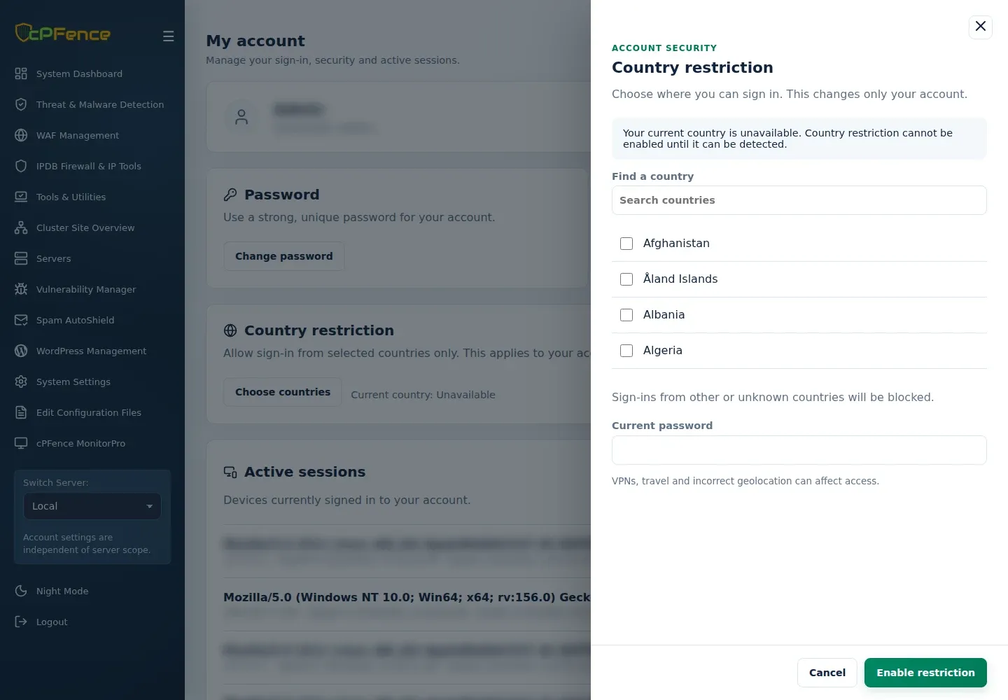 Country restriction form showing Find a country, country choices, Current password and the current-country-unavailable notice.