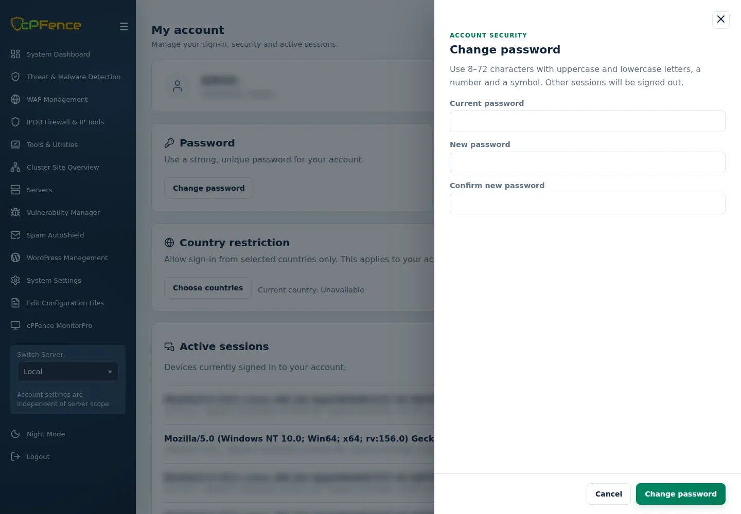 Change password form with empty Current password, New password and Confirm new password fields.