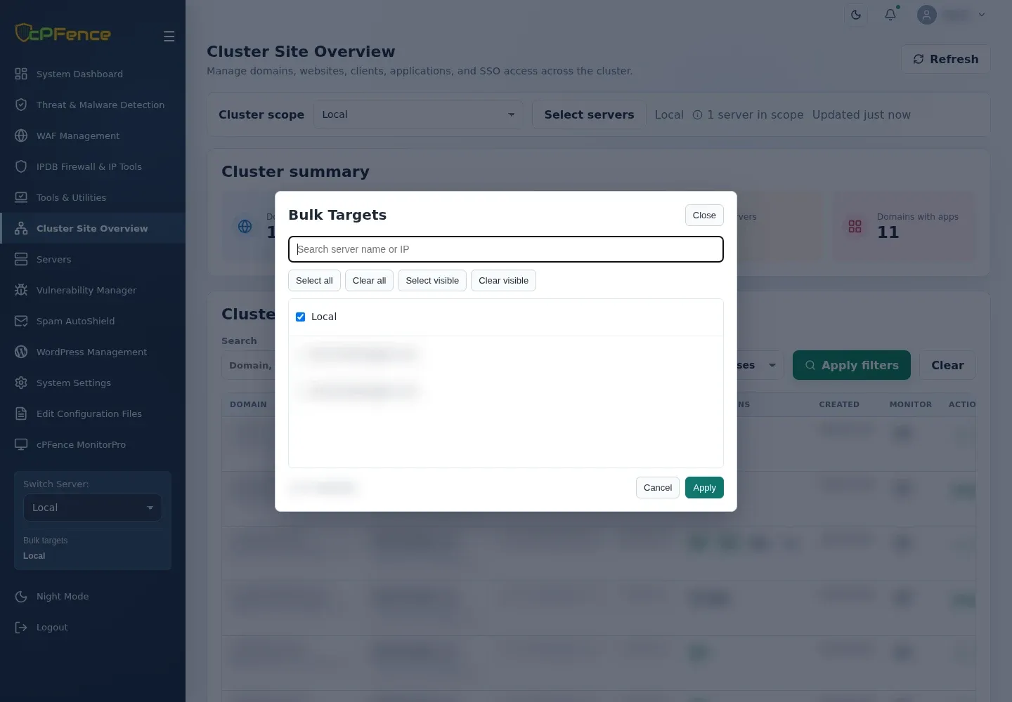 Bulk Targets server picker with search, all and visible selection controls, Local checked, Cancel and Apply.