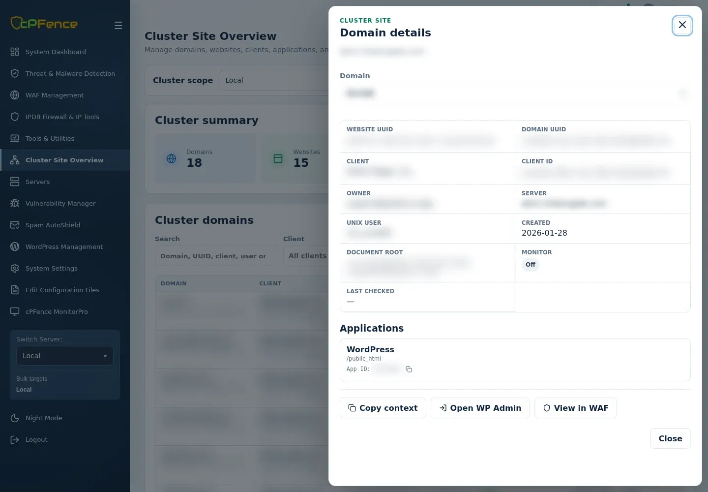 Domain details showing website, domain and client identifiers, a WordPress application, Copy context, Open WP Admin and View in WAF.