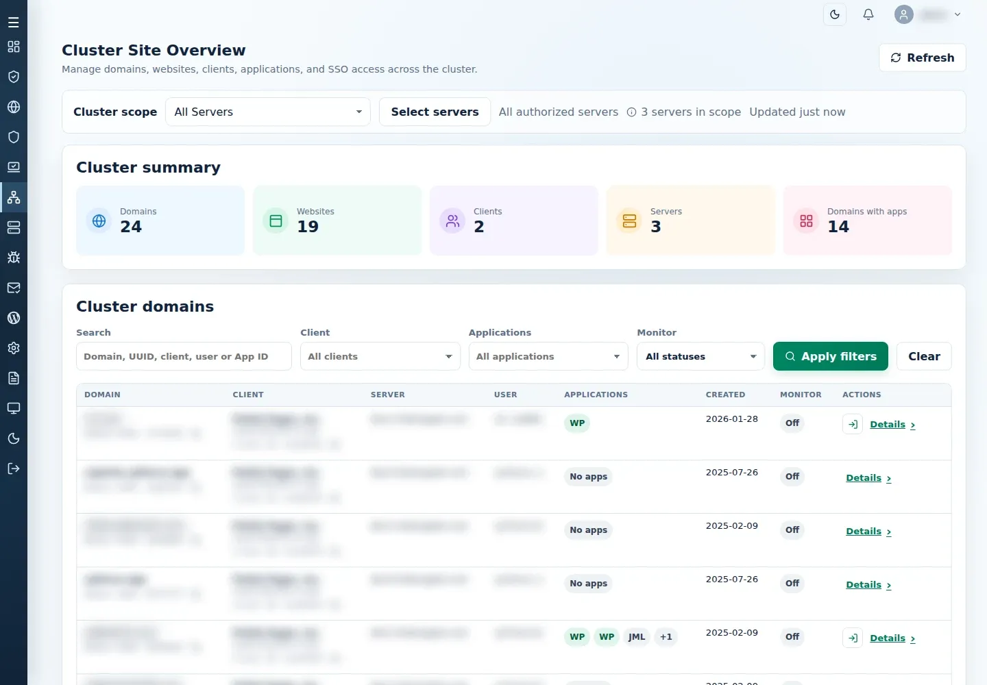 Cluster Site Overview with client, application, and monitor filters and the domain table.
