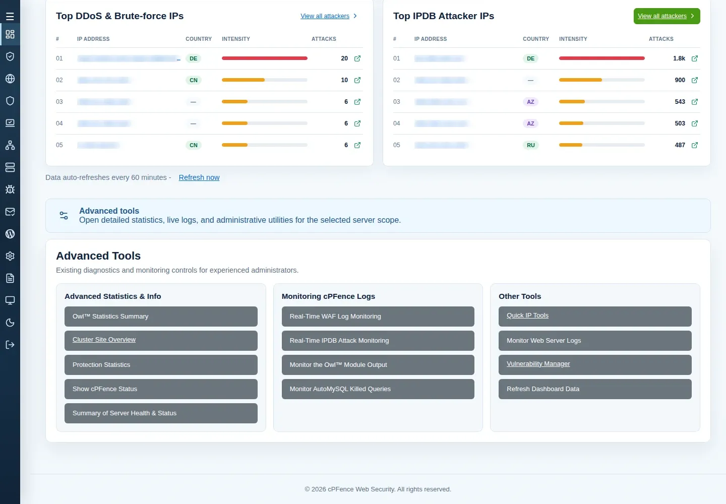 Dashboard Advanced Tools with Show cPFence Status.