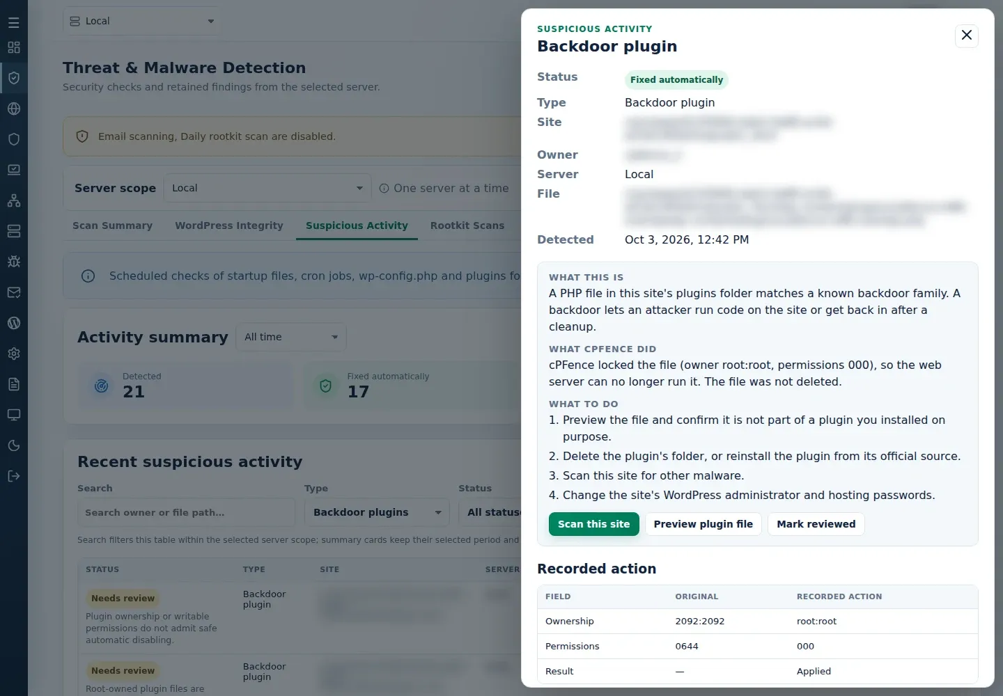 Backdoor plugin details with What this is, What cPFence did, What to do, Scan this site, Preview plugin file and Mark reviewed.