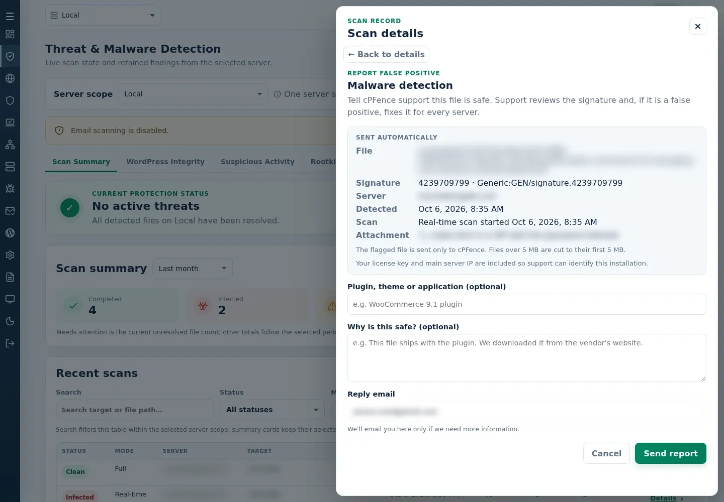 Report false positive form for a malware detection with the automatic summary, optional fields, Reply email and Send report.