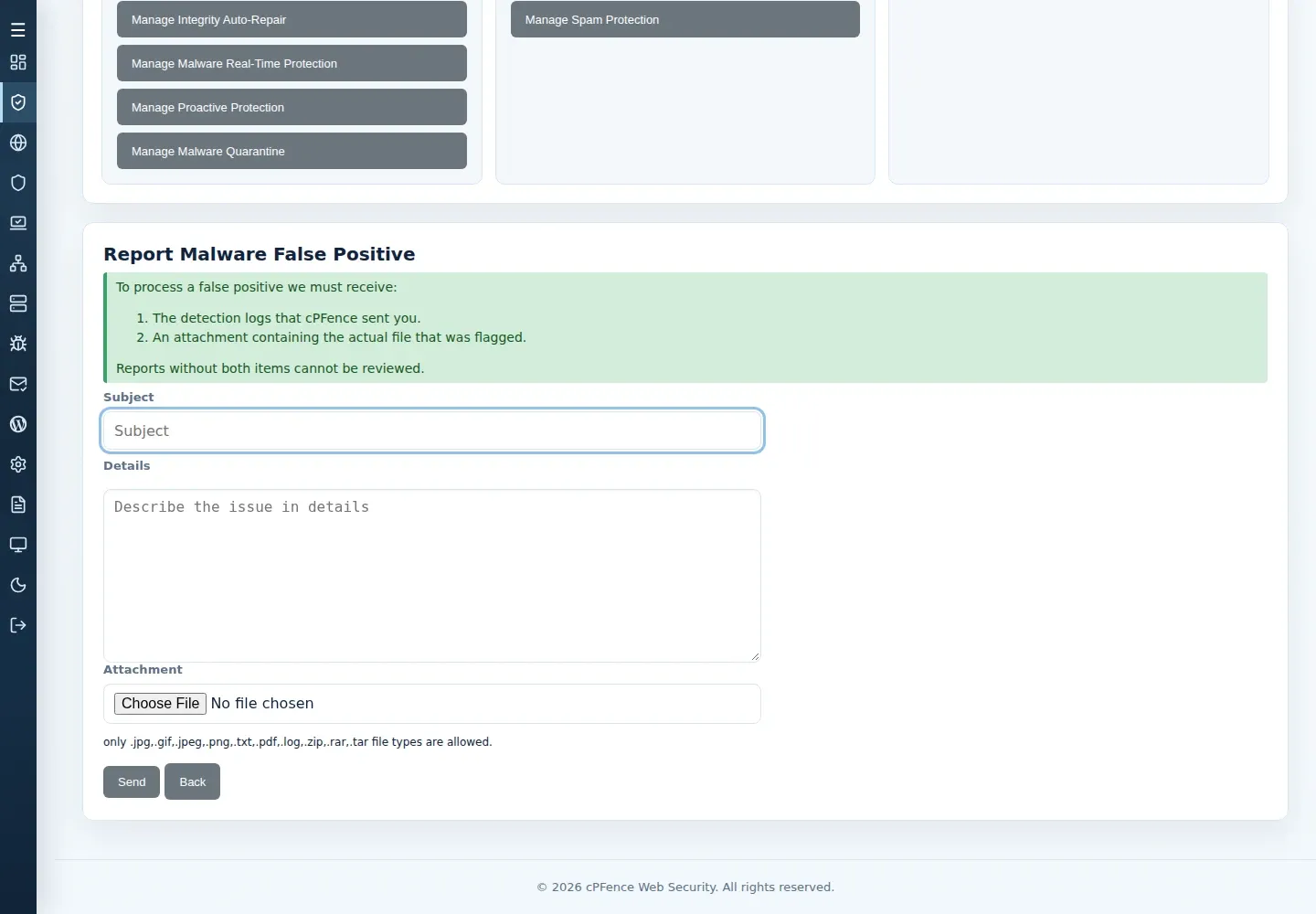 Report Malware False Positive form with detection-log guidance, Subject, Details, Attachment and Send controls.