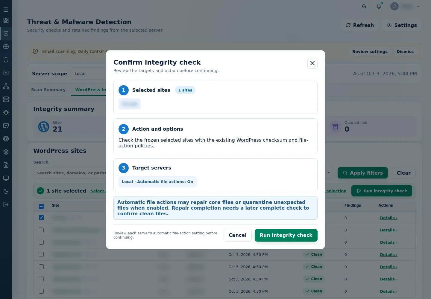 Confirm integrity check with selected sites, action description, target servers and automatic file-action settings.