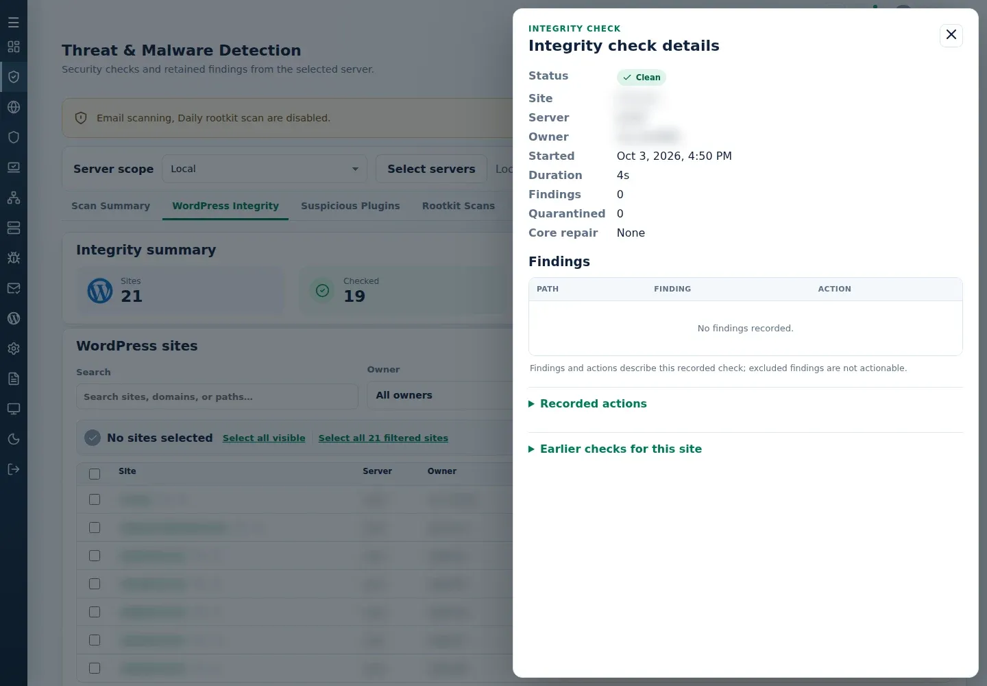 Integrity check details showing a Clean record, Core repair None, Findings, Recorded actions and Earlier checks.