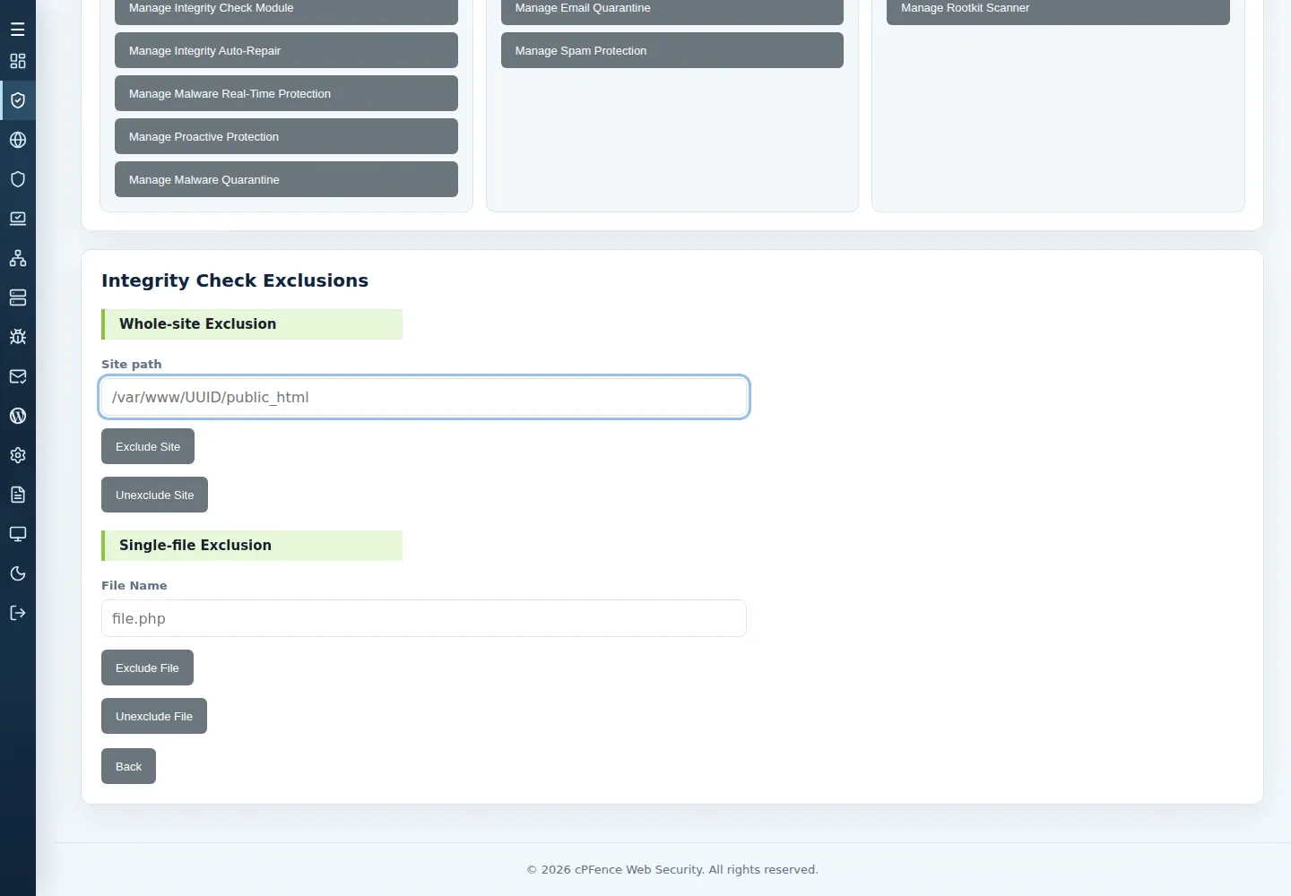 Integrity Check Exclusions form with Site path, File Name and separate exclude and unexclude buttons