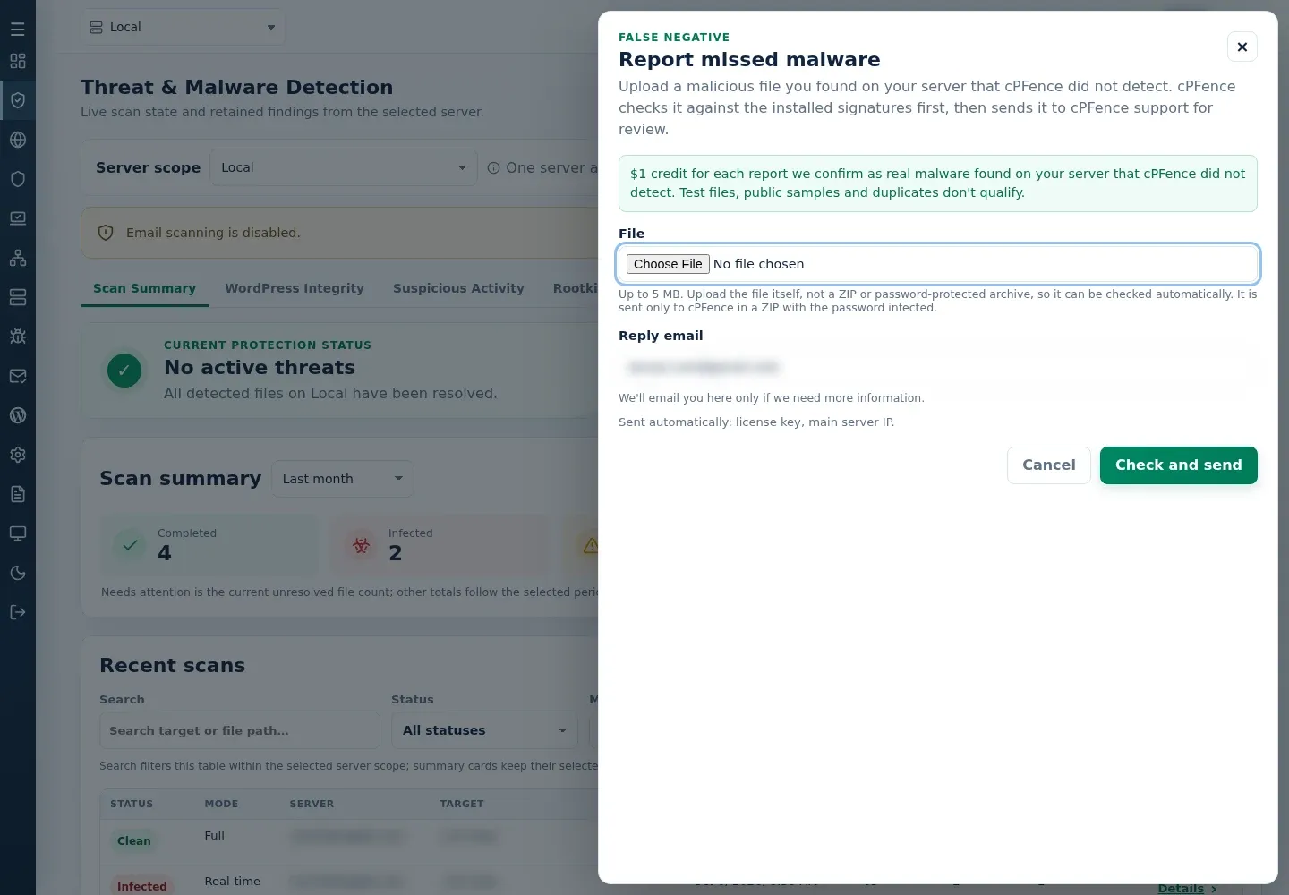 Report missed malware form with File, Reply email and Check and send.