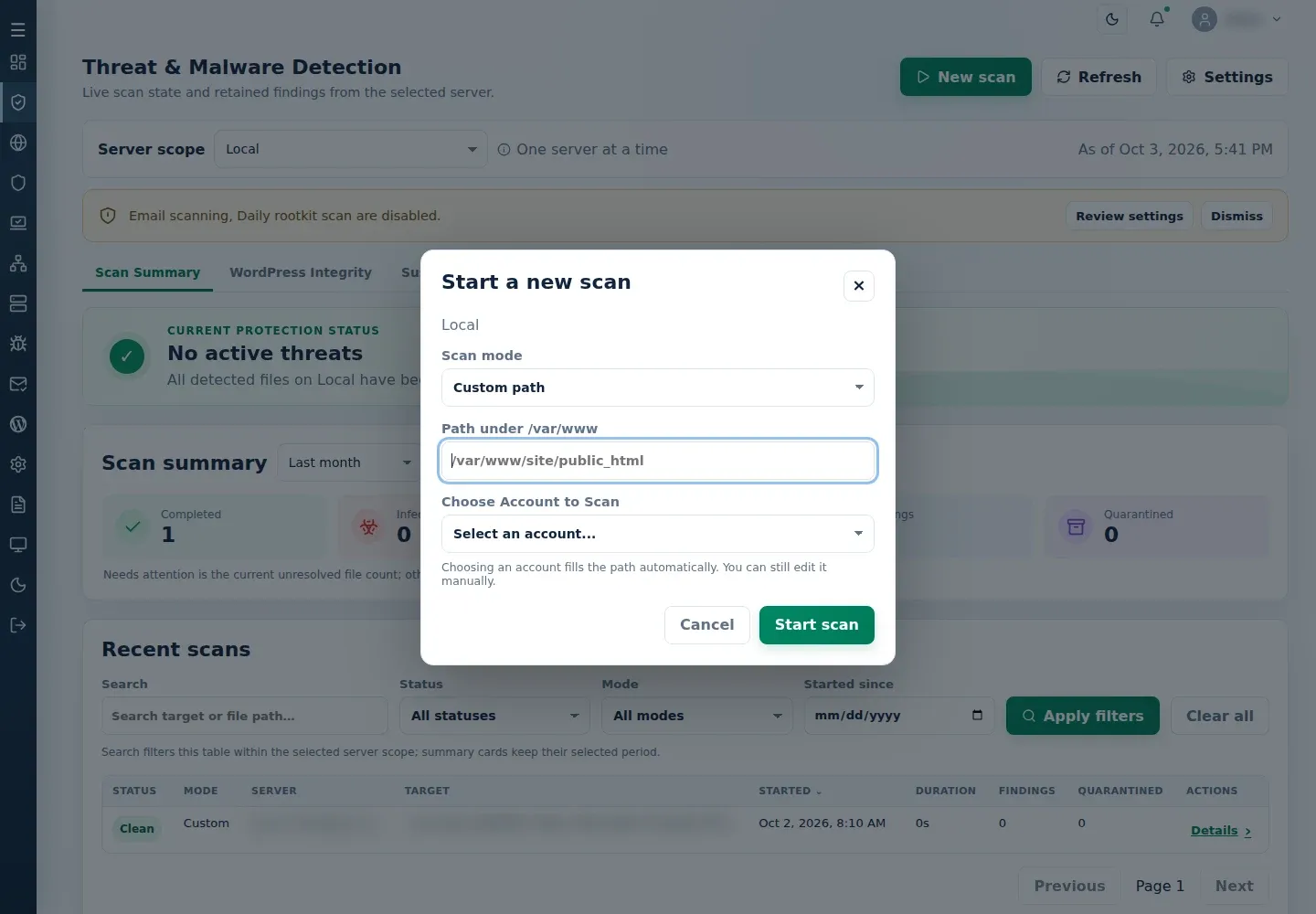 Start a new scan dialog with Custom path selected, the path field, account selector, Cancel, and Start scan controls.