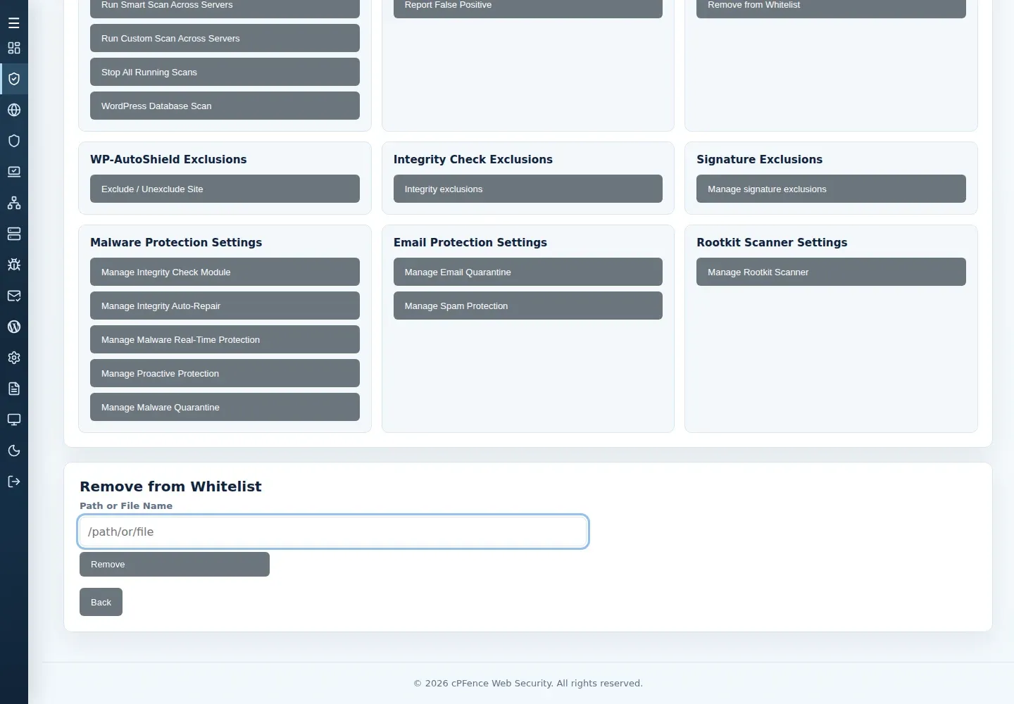 Remove from Whitelist form with the Path or File Name field and Remove button.
