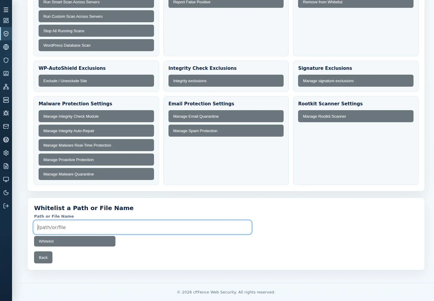 Whitelist a Path or File Name form with the Path or File Name field and Whitelist button.