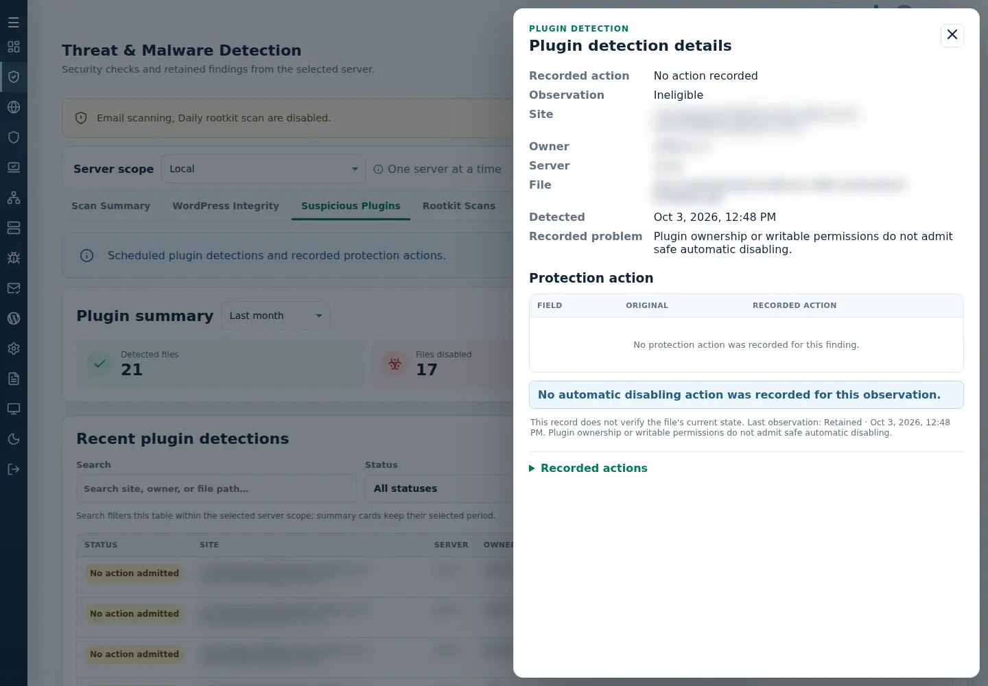 Plugin detection details with No action recorded, an Ineligible observation and an empty Protection action table.
