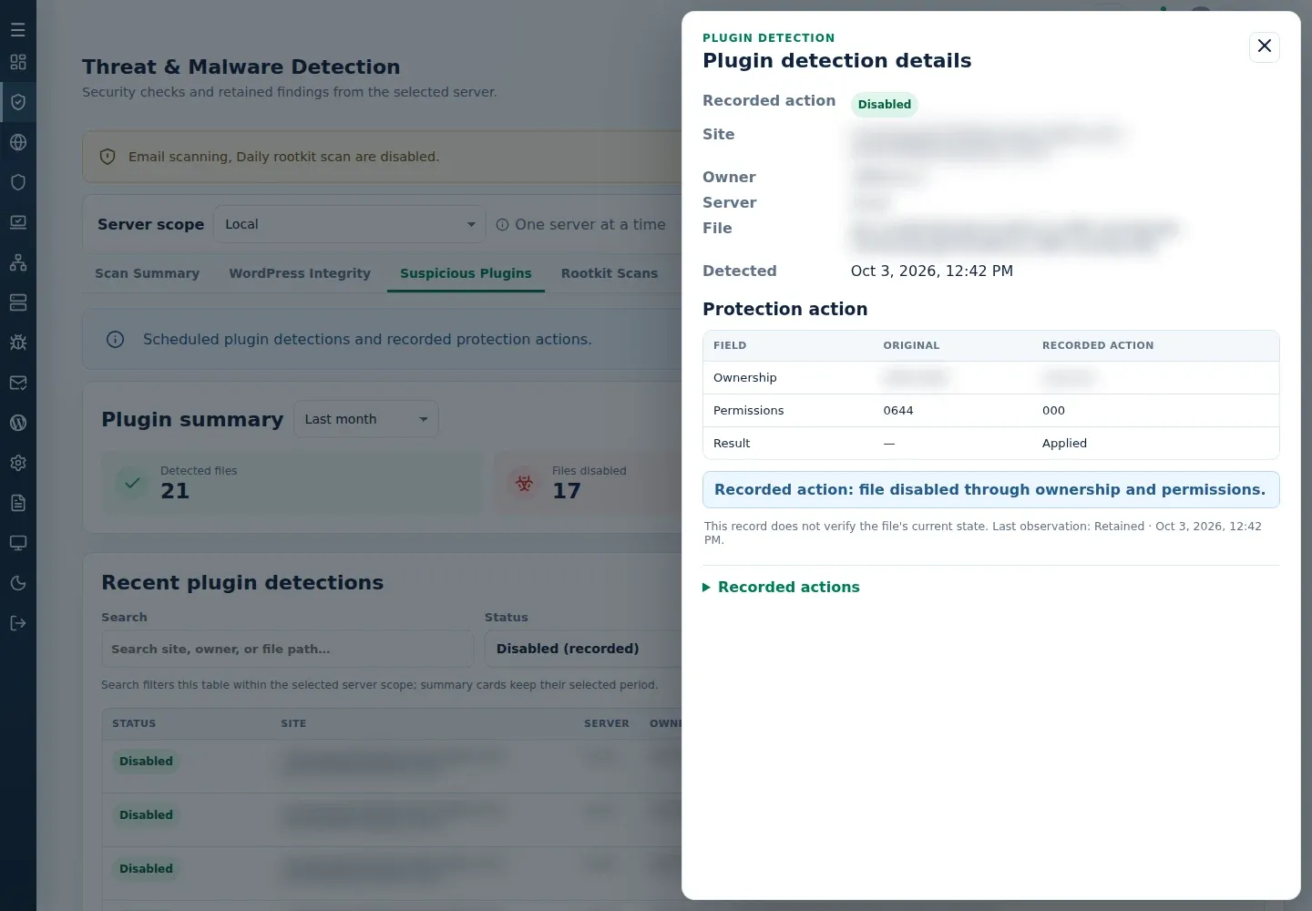 Plugin detection details showing recorded permission changes from 0644 to 000, an Applied result and the Recorded actions entry.